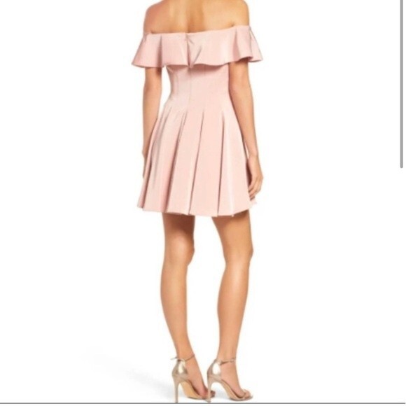NWOT LA FEMME | Ruffle Off the Shoulder Pink Fit & Flare Mini Dress 2 - Picture 2 of 13